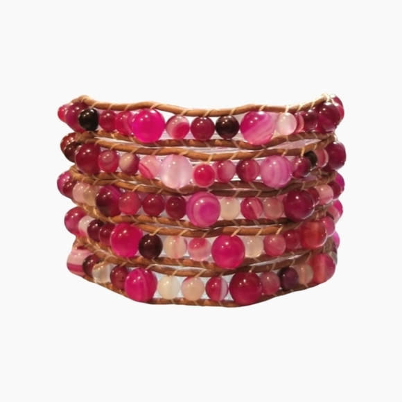 Pink Stripe Agate Wavy 5 Wrap Bracelet,  OS - Picture 2 of 5